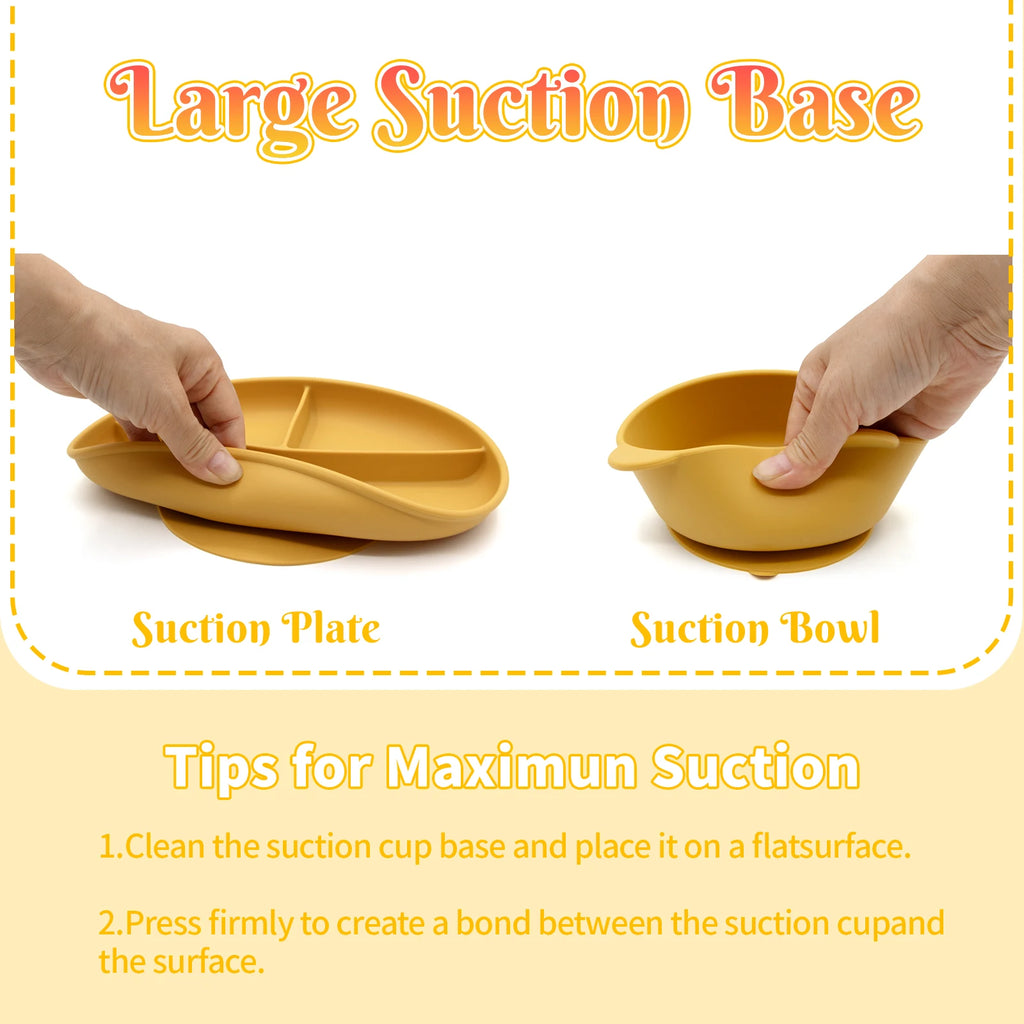 Food Grade Bpa Free Silicone Tableware Set Kids Dinnerware Set Durable Easy Clean Baby Bib Plate Bowl Spoon Fork Set