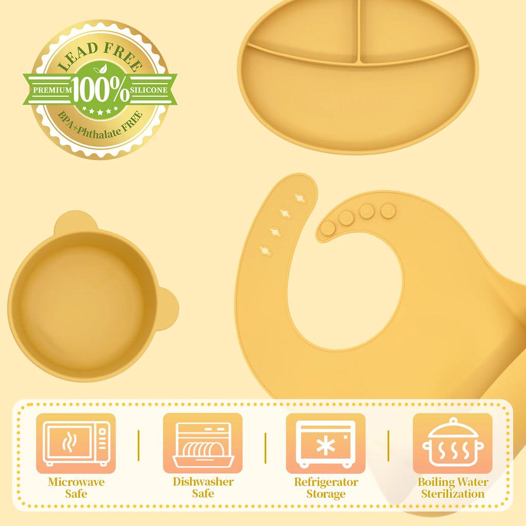 Food Grade Bpa Free Silicone Tableware Set Kids Dinnerware Set Durable Easy Clean Baby Bib Plate Bowl Spoon Fork Set