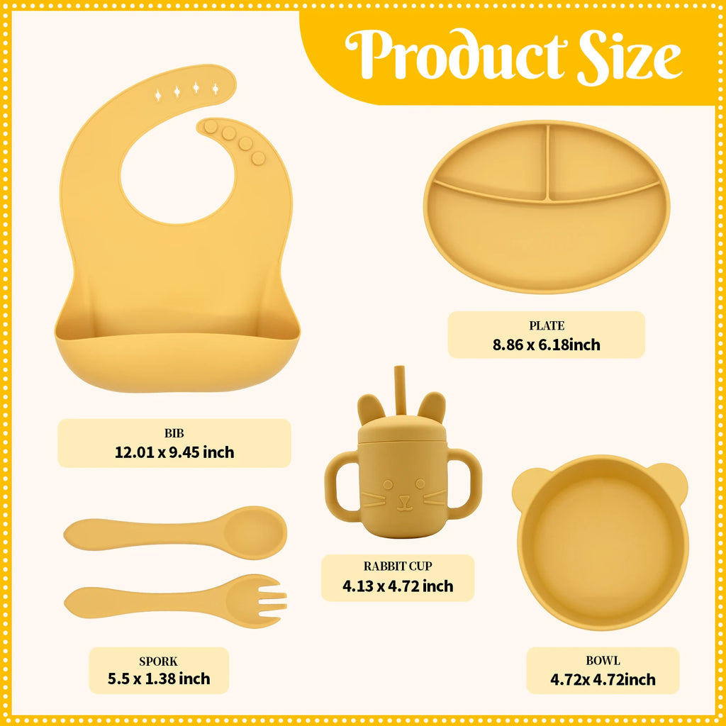 Food Grade Bpa Free Silicone Tableware Set Kids Dinnerware Set Durable Easy Clean Baby Bib Plate Bowl Spoon Fork Set