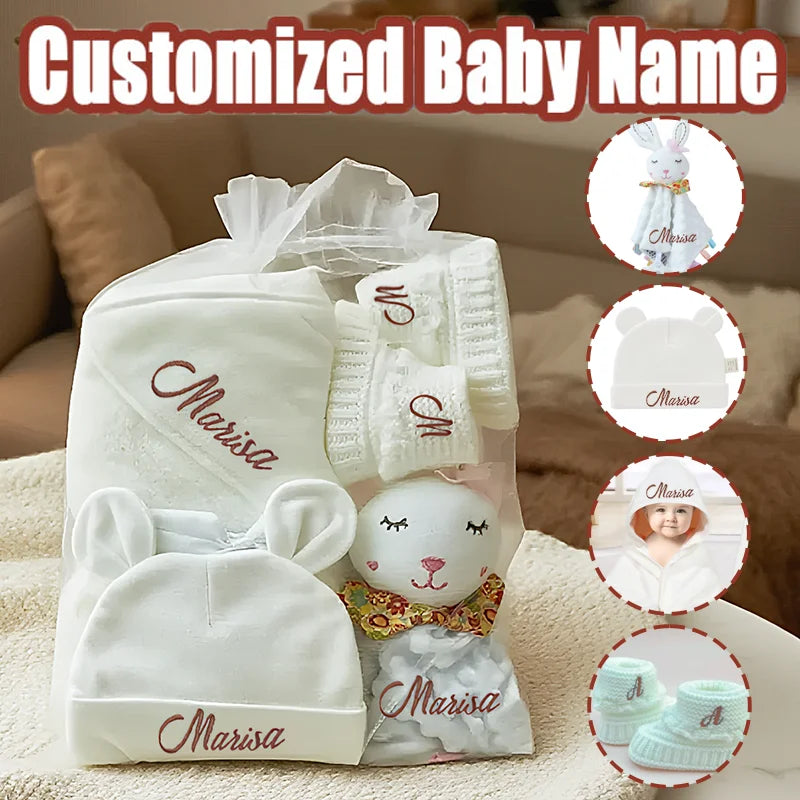 Set de regalo de bebé de 4 piezas con nombre bordado Toalla con capucha Accesorio para regalo de baby shower Regalo de vacaciones para recién nacidos